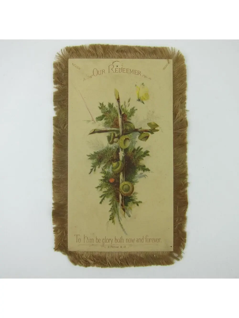 Victorian Card Easter Cross Branches Tree Bough Silk Fringe Double Sided Antique